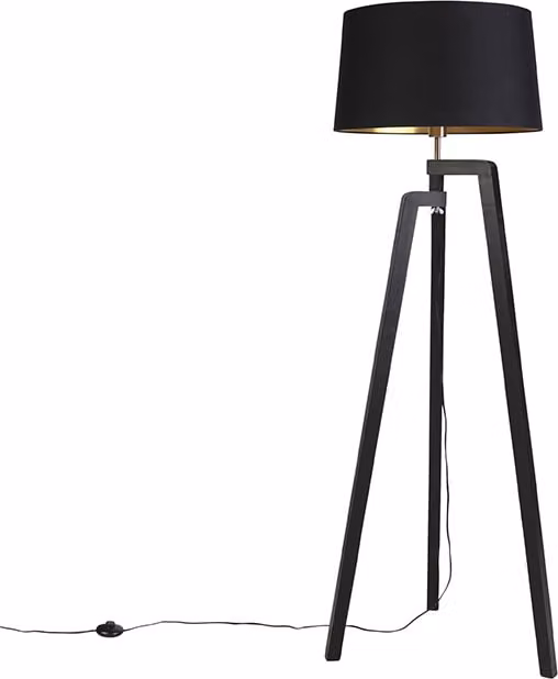 Lampada da terra con stelo e paralume in cotone, nero con dettagli dorati, 50 cm, Puros