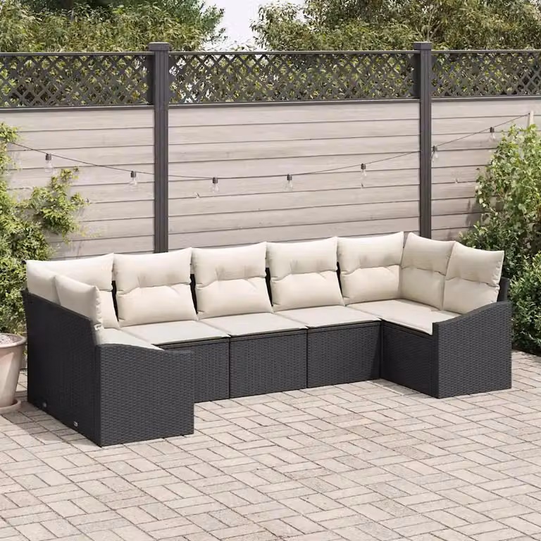 Set di divani da giardino vidaXL 7 pezzi con tavolo da caffè in vetro e cuscini beige e nero in rattan e acciaio
