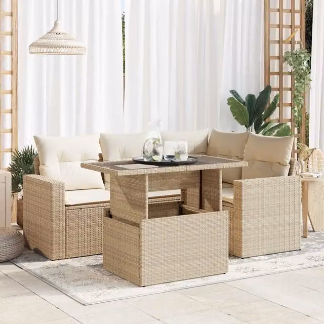 Set Divano da Giardino a L vidaXL in Polyrattan con Cuscini Beige e Tavolino in Vetro