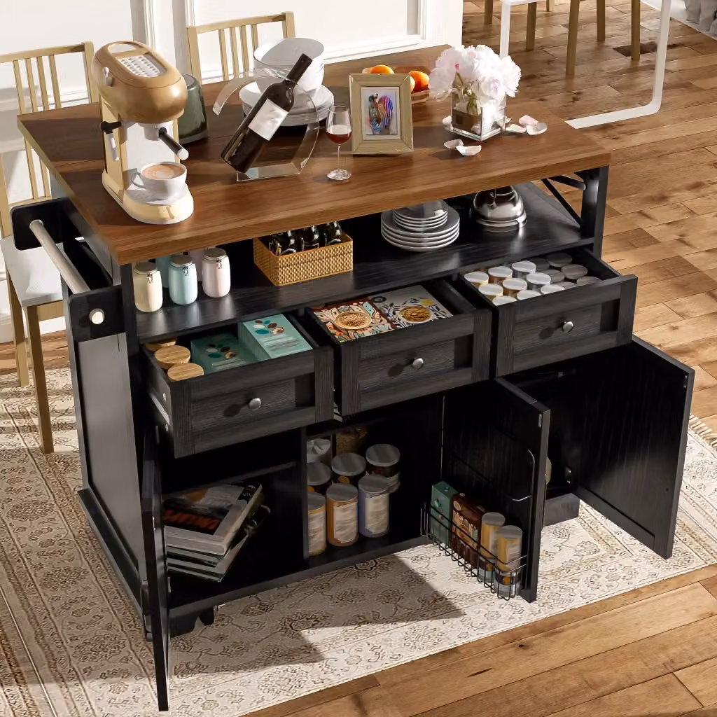 Isola cucina moderna WISHDOR con piano ribaltabile, 3 cassetti, vani portaoggetti, portarotolo, porta asciugamani e ruote, nero e rovere, L/P/H: 118 x 43 x 80-98 cm – 2