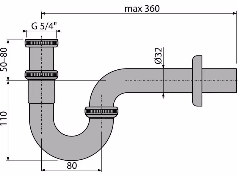 alcadrain Röhrengeruchverschluss „U“ für die Waschbecken DN32 mit einer Überwurfmutter 5/4", Metall