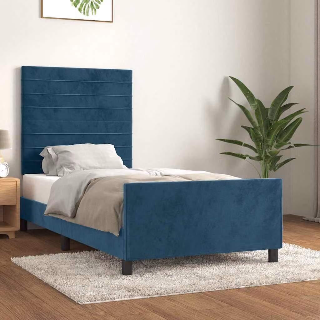 vidaXL Giroletto in Velluto Blu Scuro con Listelli in Legno di Larice L/P/H: 100 x 200 x 128 cm
