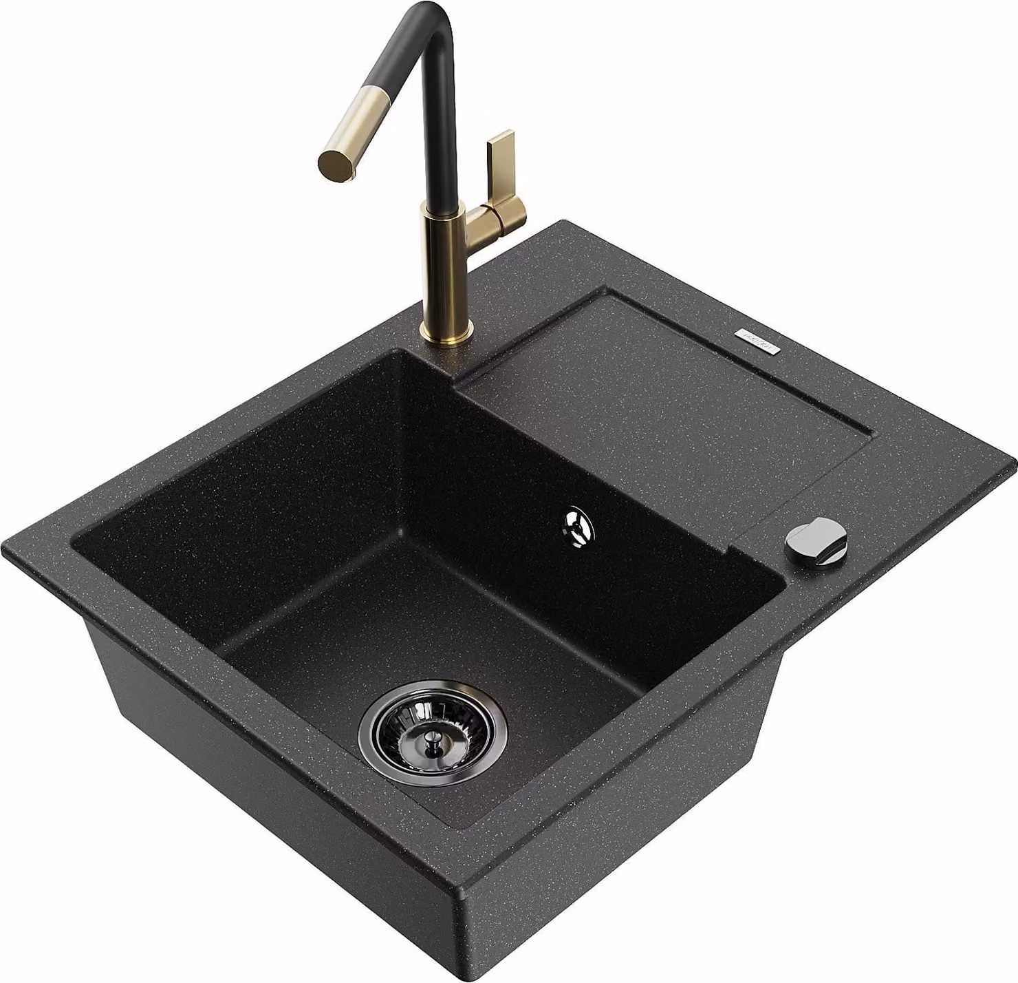 Mexen Enzo lavello in granito 1 vasca con scolapiatti e rubinetto cucina Flora, nero/argento metallizzato - 6506-73-670401-57-B