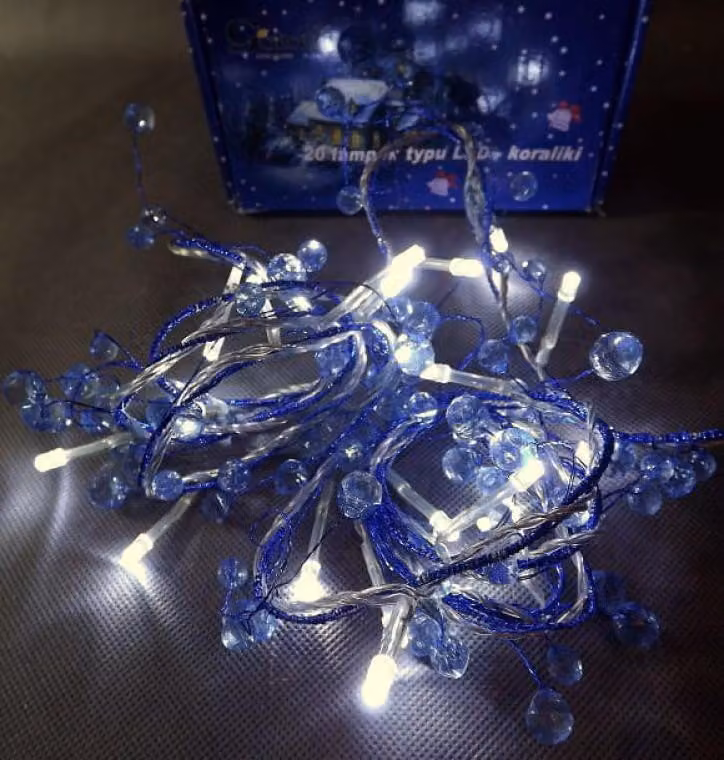 ghirlanda di 2 metri con cristalli blu e luci LED bianche, 24V, per uso interno