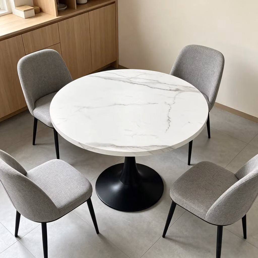 Tavolo da Pranzo Rotondo Minimal con Piano Effetto Marmo Bianco e Gambe in Metallo Nero, Diametro: 80 cm – 2