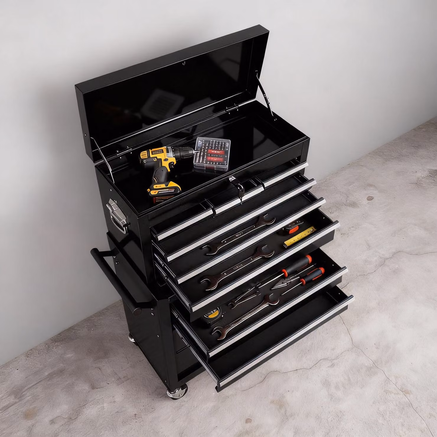 Carrello portautensili tectake in acciaio nero con ruote L: 150 cm, P: 33 cm, H: 110 cm – 1