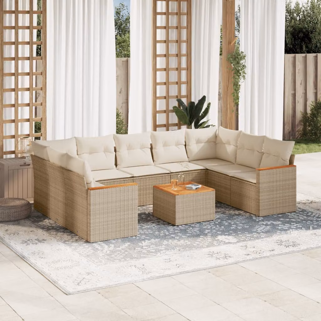 vidaXL Set Divano da Giardino a L 10 pz con Cuscini Beige e Tavolino, Struttura in Acciaio Verniciato e Polyrattan per Terrazza e Giardino – 1