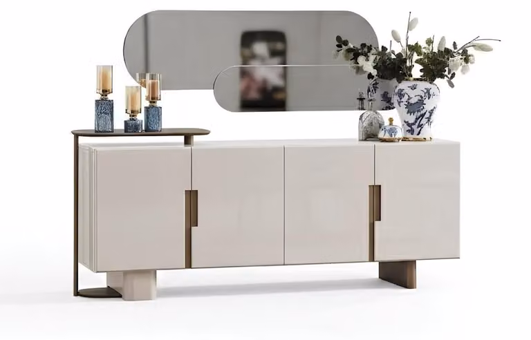 Tavolino da consolle, stile moderno, colore beige, struttura in legno, specchio, gambe in legno, nuovo