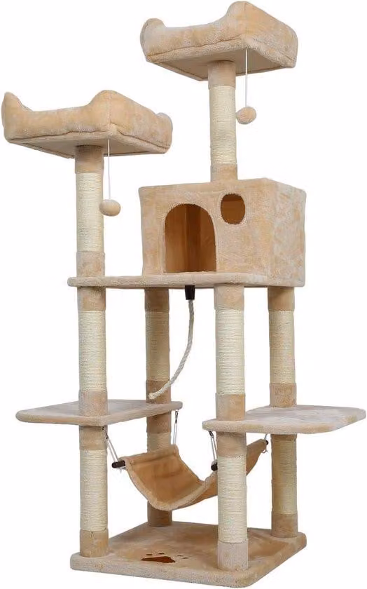 Grande grattacavi per gatti - Torre per gatti multistrato - 145 cm - Beige - In peluche