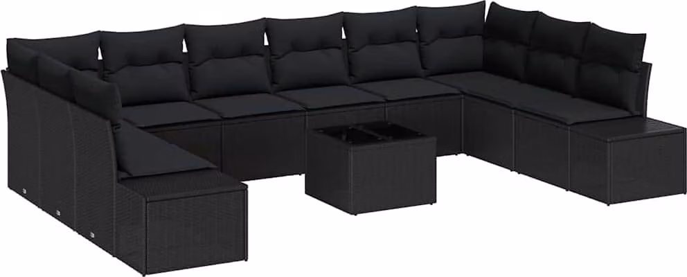 Set Divano da Giardino con cuscino 11 pcs Nero polyrattan