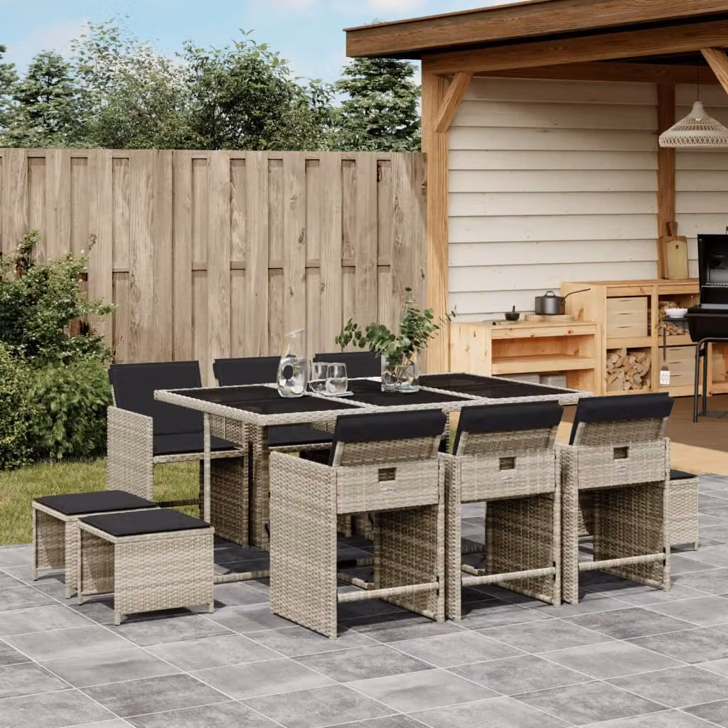 vidaXL Set Pranzo da Giardino 11pz in Polyrattan con Cuscini e Tavolo in Vetro Grigio Antracite – 1