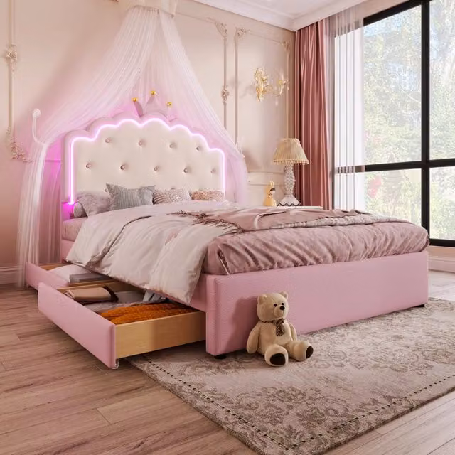 Letto per bambini imbottito 140 × 200 cm con rete a doghe estraibile PU rosa LED due cassetti telecomando