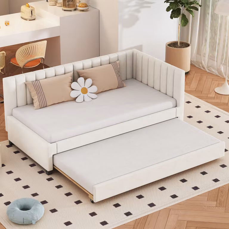 STILVORA Divano letto 90x200, divano letto con letto estraibile, letto per ragazzi in velluto con rete a doghe, schienale a righe verticali, con materasso, beige