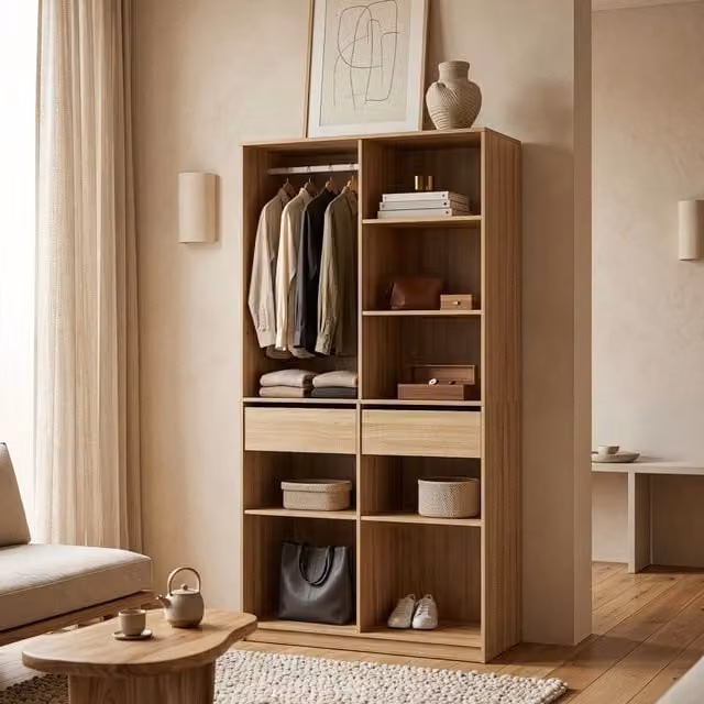 Armadio Aperto Vippsaki Guradaroba con Barra Appendiabiti 7 Scomparti e 2 Cassetti 200 x 100 x 50 cm - Effetto Rovere [en.casa]
