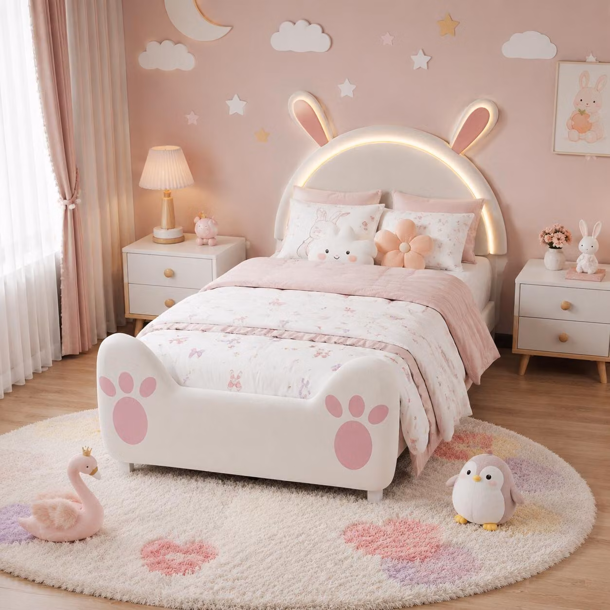 Letto a cartone animato INONEFT per bambini, 90 x 200 cm, con struttura imbottita, testiera a forma di coniglio e illuminazione LED, letto per adolescenti con rete a doghe, letto singolo, in velluto, bianco e rosa