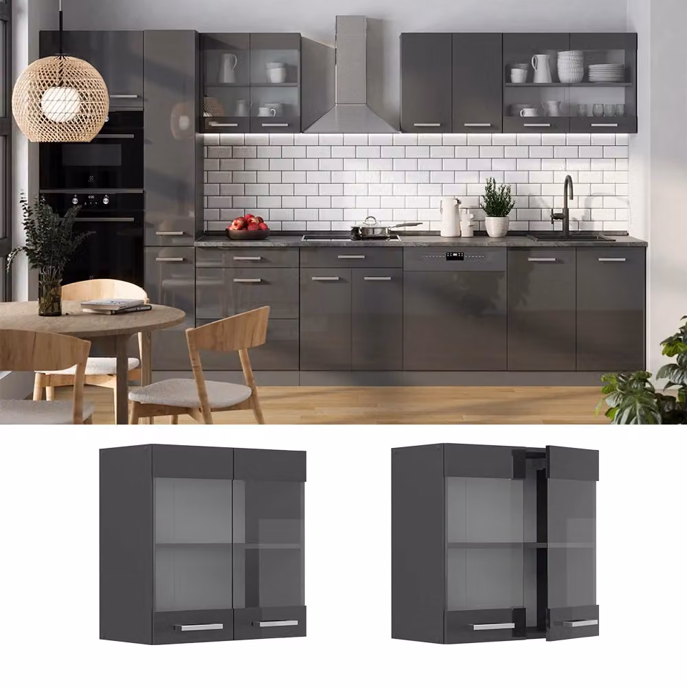 Pensile da cucina Vicco R-Line Antracite lucido con ante in vetro, L: 60 cm, P: 31 cm, H: 60 cm – 2