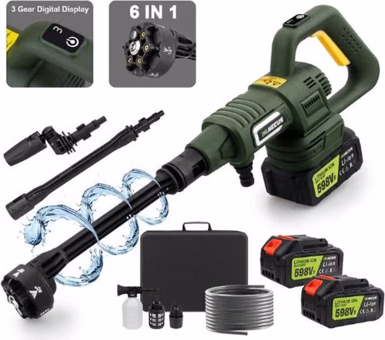 Idropulitrice a batteria - Pistola a pressione wireless - 200 bar - Ugello multifunzione 6-in-1 - Con due batterie e custodia - Verde