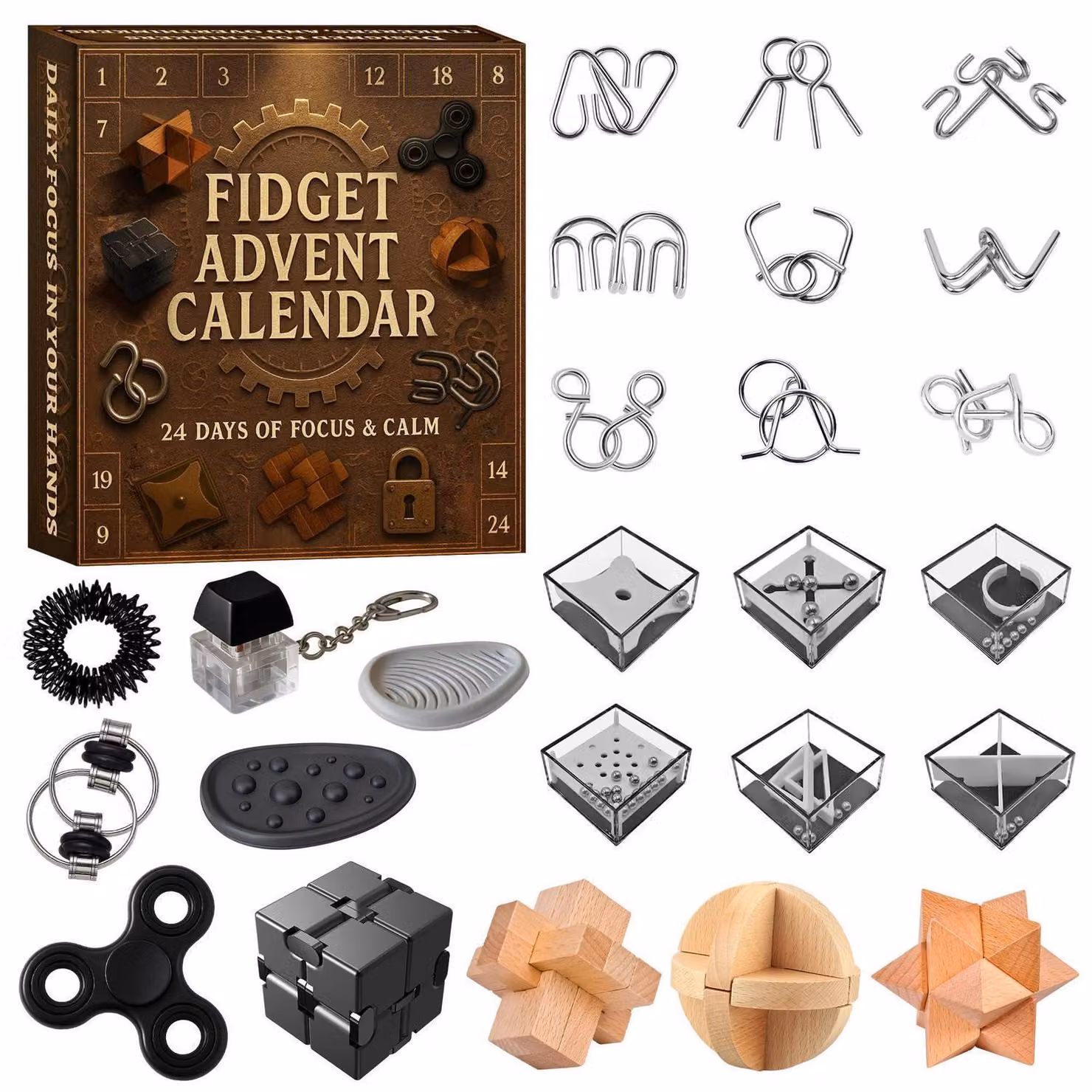 Calendario dell'Avvento 2026 con 24 giochi di logica, realizzati in metallo e legno, puzzle 3D, idea regalo