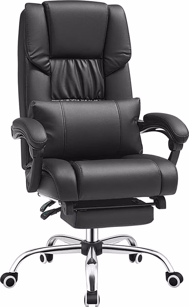 Sedia da ufficio SONGMICS con poggiapiedi e cuscino lombare, con rotelle, imbottita, ergonomica, girevole, Pelle finta, nera, OBG71B