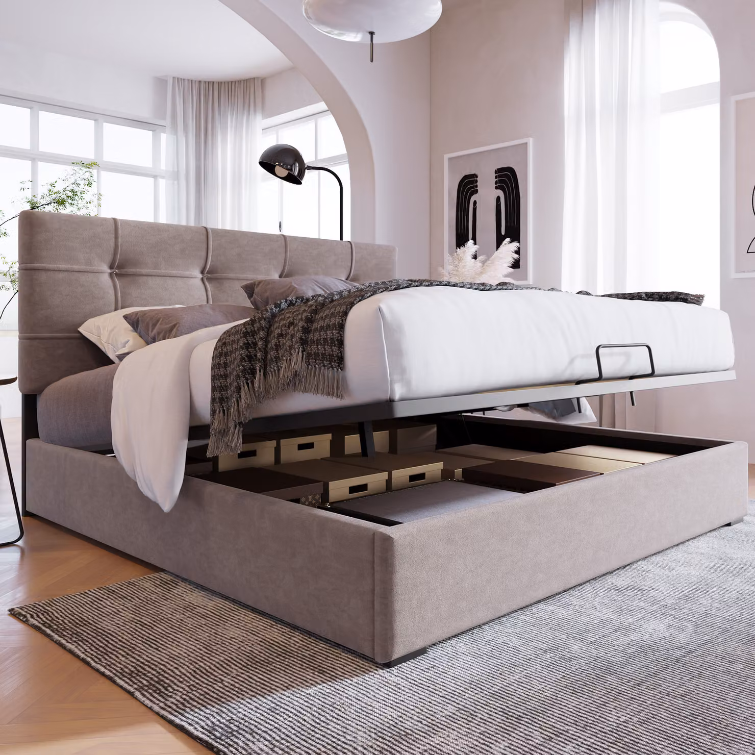Letto imbottito Flieks 140x200cm, letto a molle idrauliche con contenitore e rete a doghe, letto matrimoniale contenitore letto per giovani letto in legno di pino letto funzionale letto in velluto