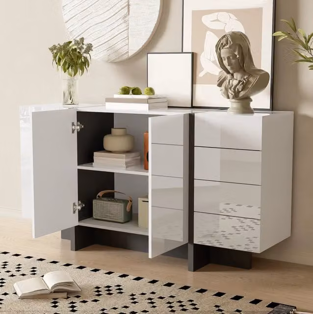Credenza 150x40x80.5 cm con 2 porte e 4 cassetti; finitura lucida; MDF e truciolare; bianco e nero