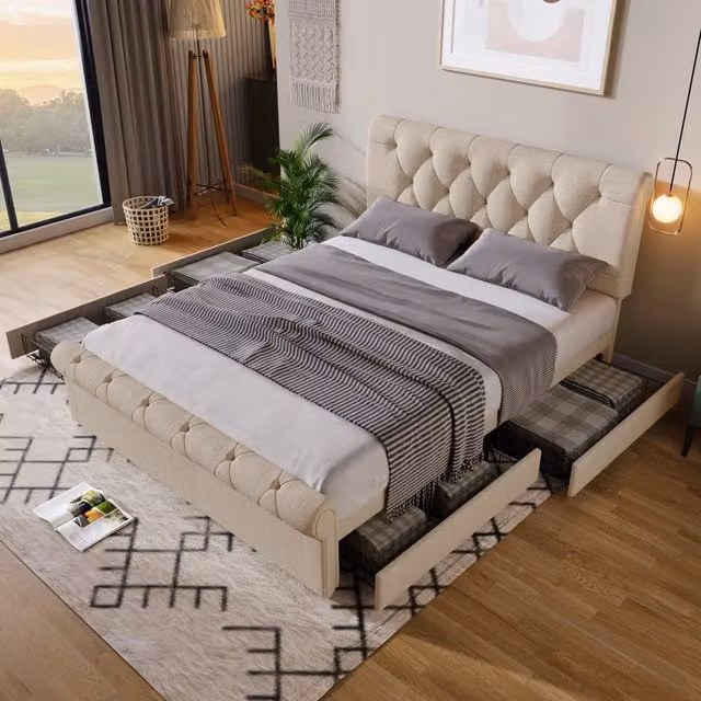 Letto matrimoniale imbottito 140x200 cm con 4 cassetti e testiera regolabile in altezza, stile Chesterfield - Naturale (Senza materasso)