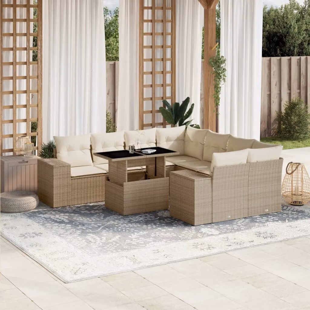 vidaXL Set Divano da Giardino a L 9 pz con Cuscini Beige e Tavolino in Polyrattan e Metallo – 1