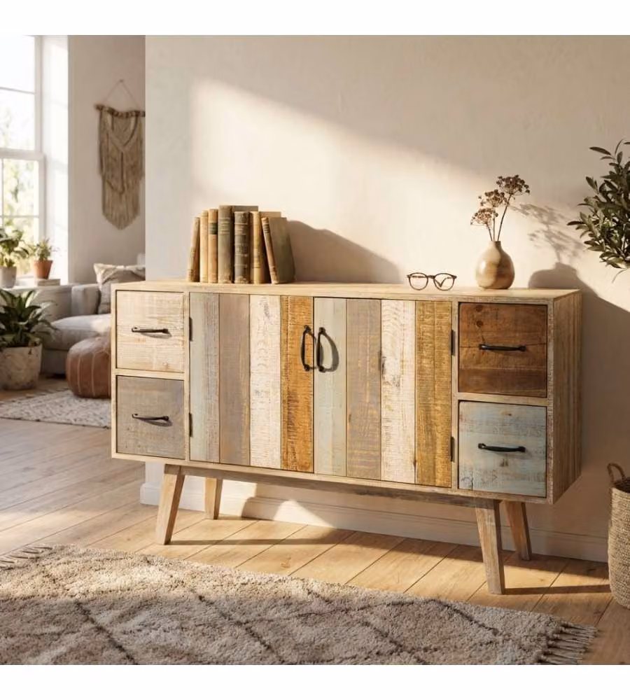 Credenza Cosma in legno multicolor con 4 cassetti e 2 ante per soggiorno, cucina o ingresso – 1