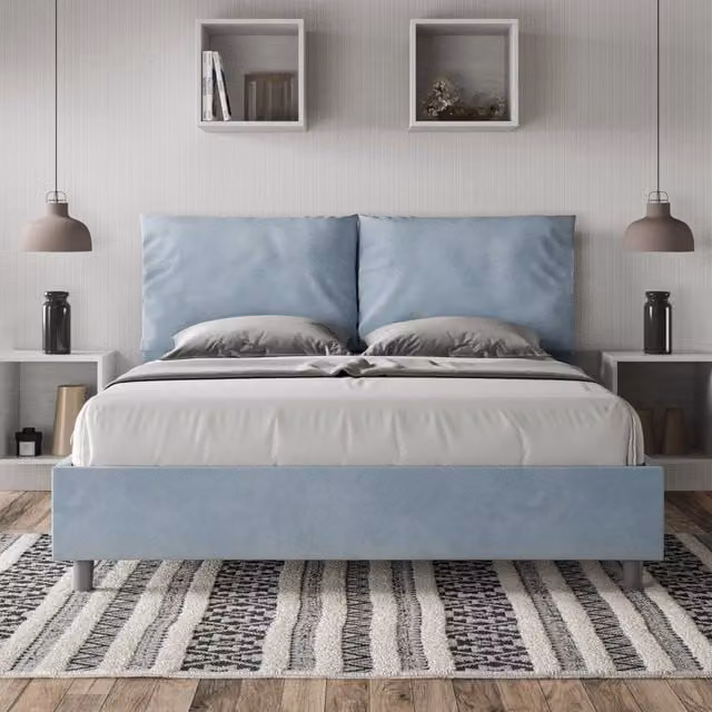 Letto queen size senza rete imbottito 150x210 microfibra azzurro Antea Large
