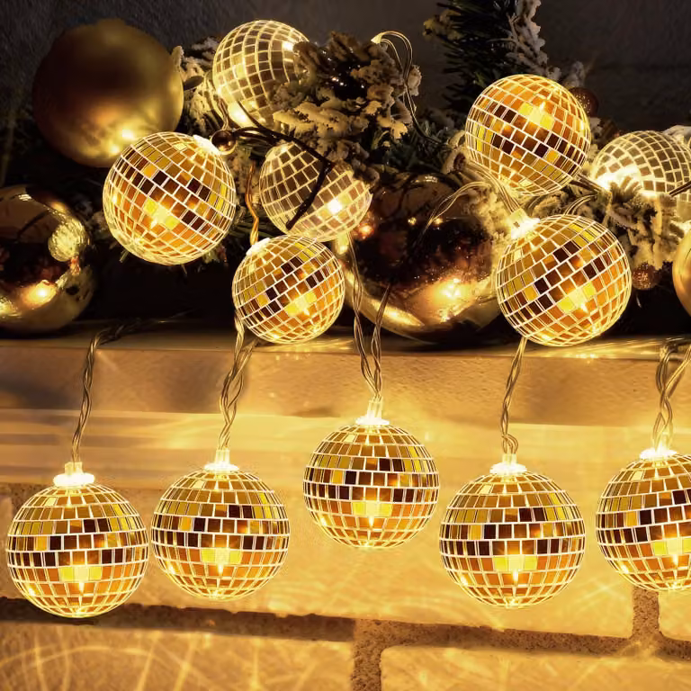 Catena luminosa a LED a forma di sfera da discoteca, lunghezza 1,5 metri, 10 luci, luce bianco caldo, alimentazione a batteria