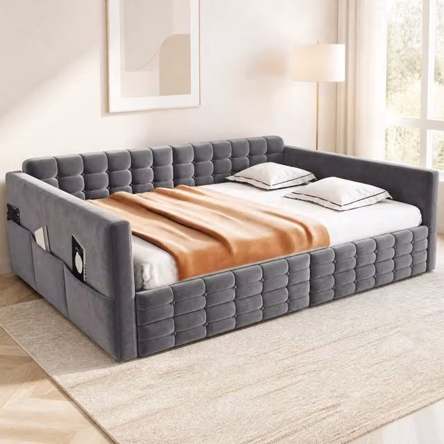 Letto imbottito ULEVR 140x190 cm in velluto grigio con 2 cassetti e tasche laterali, rete a doghe