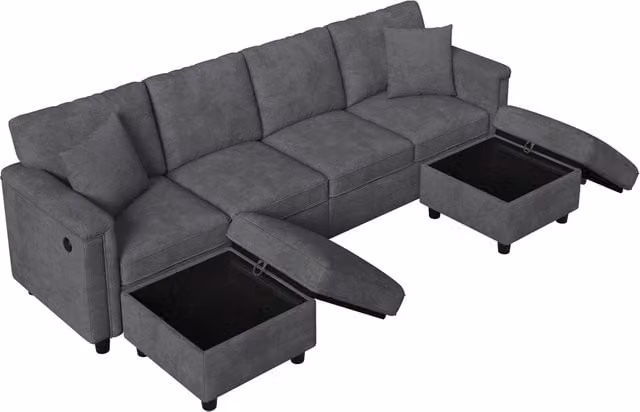 Divano modulare 6 posti con contenitore e porte USB e USB tipo C in ciniglia grigio 261×134×82 cm