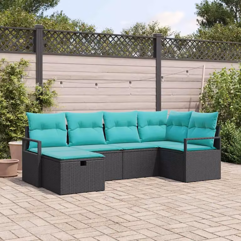 Set di divani da giardino vidaXL a 6 posti con struttura in metallo e rattan, colore nero e turchese