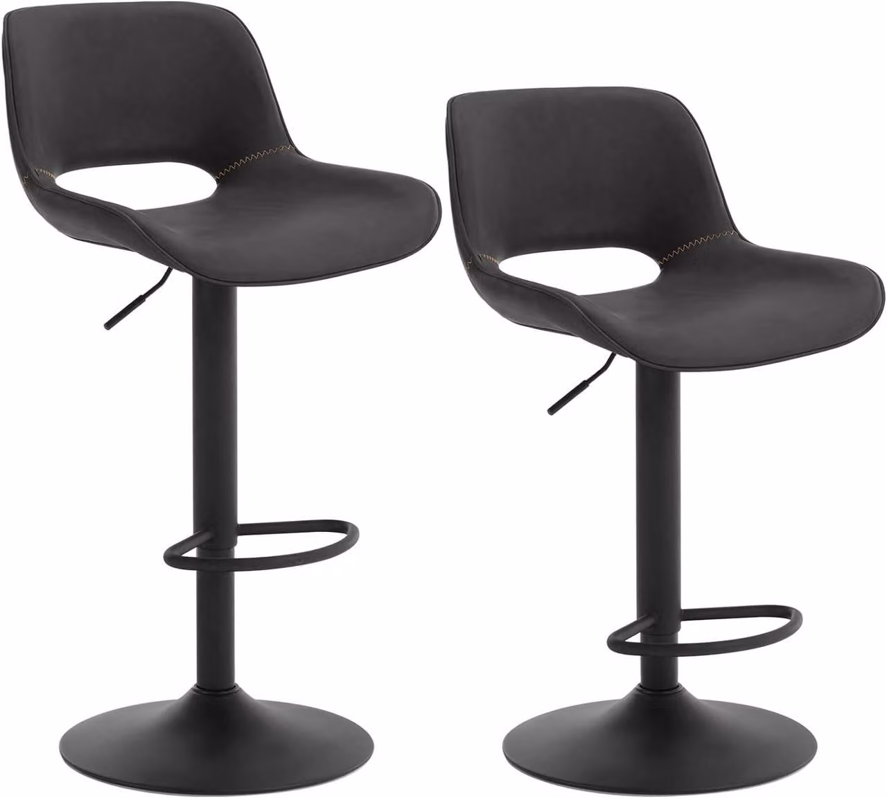 Set di 2 sgabelli da bar, regolabili in altezza, con poggiapiedi e rivestimento in ecopelle, colore antracite, dimensioni 49x49x84-106,5 cm