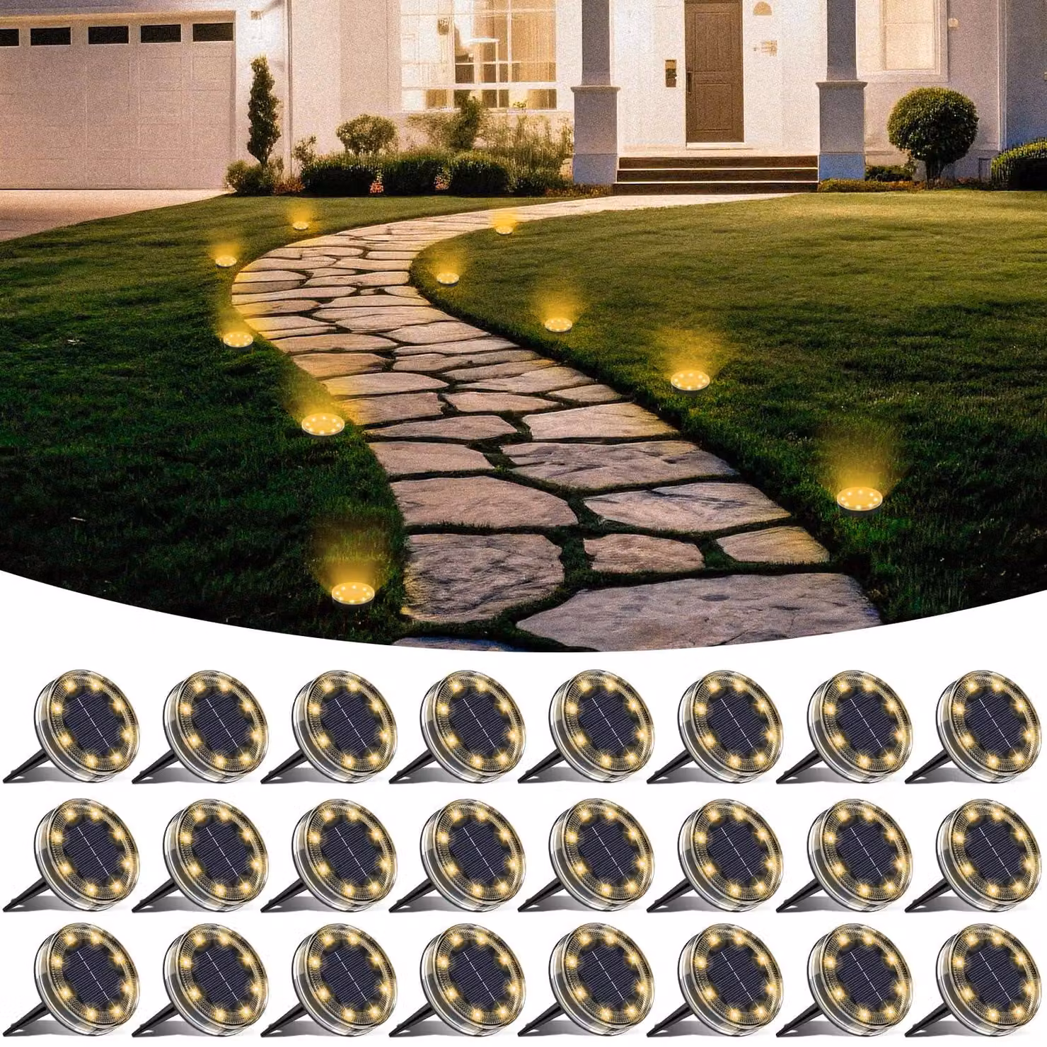 24 luci solari, 8 LED, grado di protezione IP68, luce bianco caldo, per uso esterno