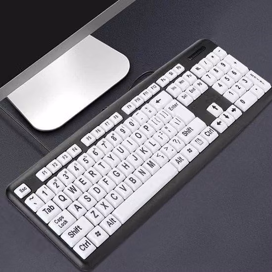 Tastiera con tasti grandi e bianchi, nera, con 104 tasti, cablata, USB, ideale per anziani