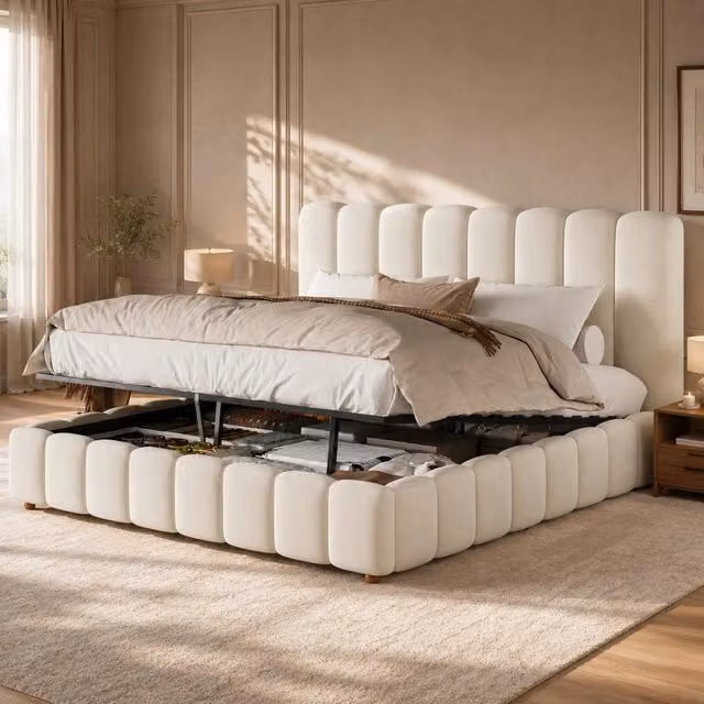 Letto matrimoniale 180 x 200 cm, testiera imbottita, vano portaoggetti, rivestimento in velluto, color beige