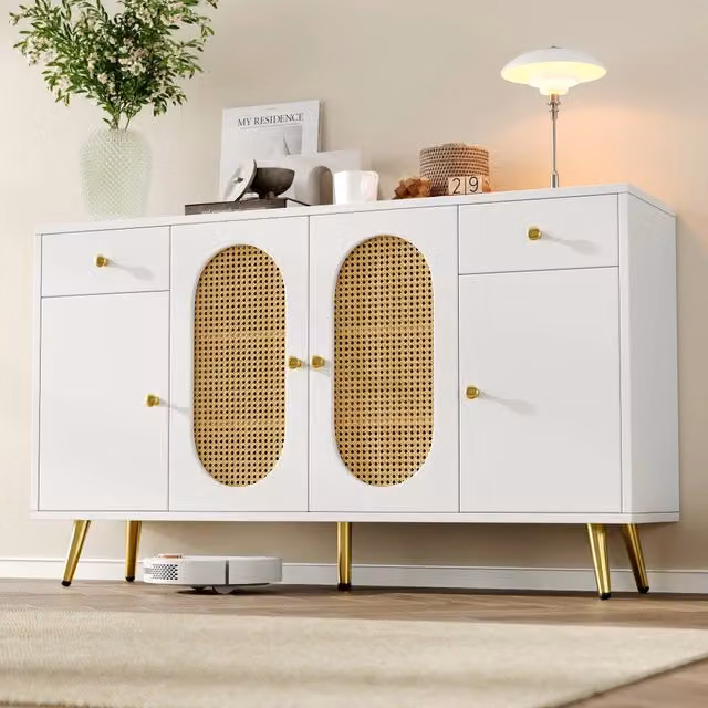 Comodino con 2 cassetti e 4 ante - Zephmum- Bianco e colori naturali, ripiani regolabili in altezza, 140x35x82 cm