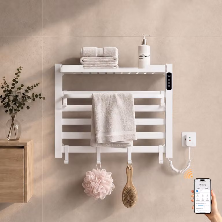 S'AFIELINA Scaldasalviette elettrico bagno con ripiano 450 × 600 mm 155 W Bianco,Termoarredo elettrico bagno WiFi con app
