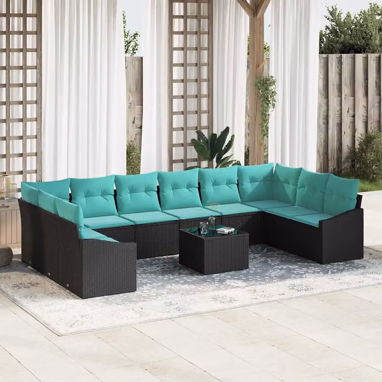 Set di divani da giardino vidaXL 11 pezzi a forma di L con tavolo e cuscini, colore nero e turchese, in rattan e metallo