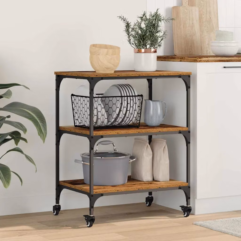vidaXL Carrello da Cucina in Stile Industriale con Ruote, Legno e Metallo, Marrone, L 60 x P 41 x H 76 cm