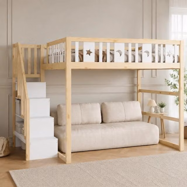 Letto a soppalco per bambini 140x200 cm con scala; mensole integrate e motivi luna e stelle; naturale e bianco