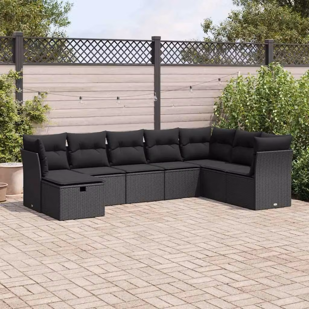 Set di divani da giardino vidaXL a forma di L in polyrattan nero con 8 pezzi e cuscini inclusi