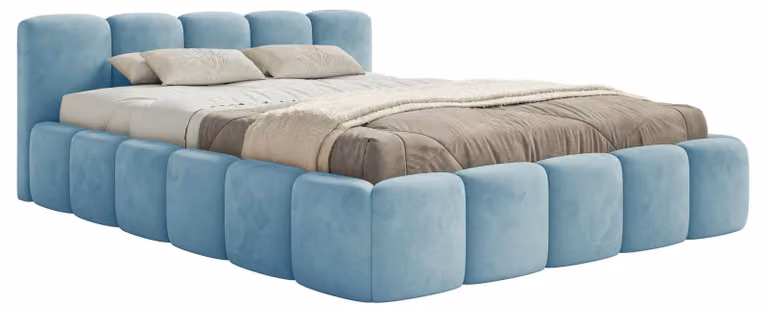 Selsey Cloudy Low – Letto imbottito 120x200 cm, contenitore e rete a doghe, velluto azzurro