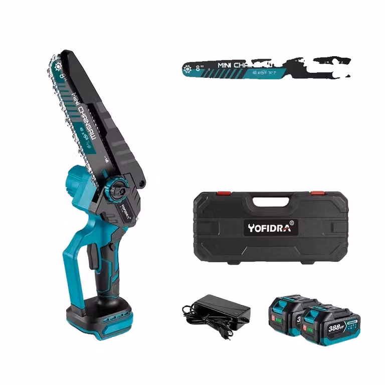 Mini motosega YOFIDRA, diametro lama di 8 pollici, motore brushless da 3500W, scatola di plastica con 2 batterie