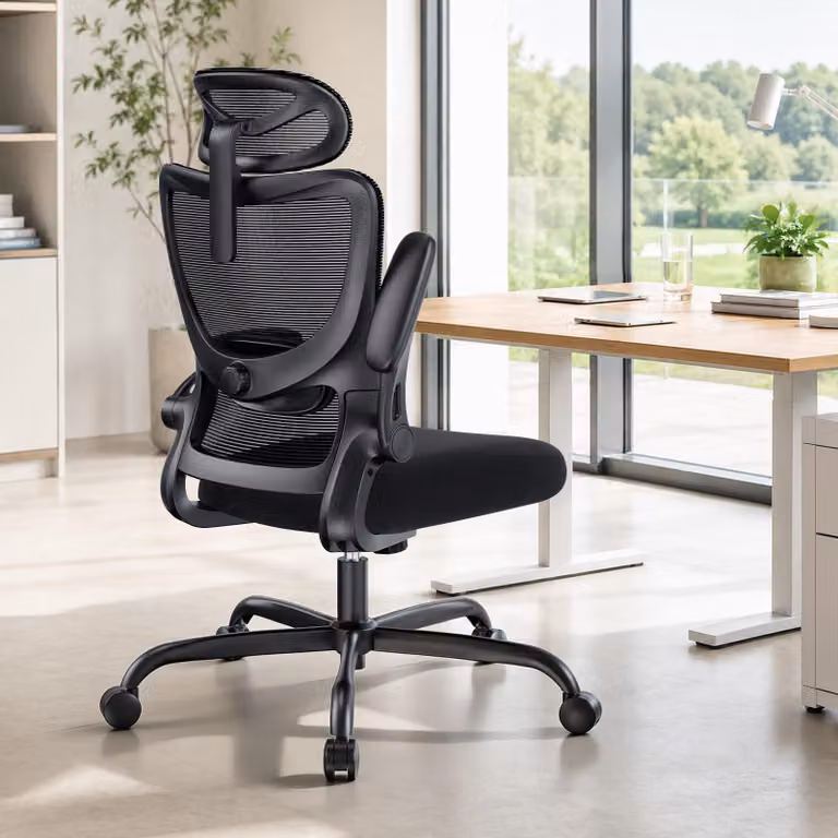 Sedia da ufficio ergonomica, colore nero, con braccioli regolabili in 3D e realizzata in materiale a rete