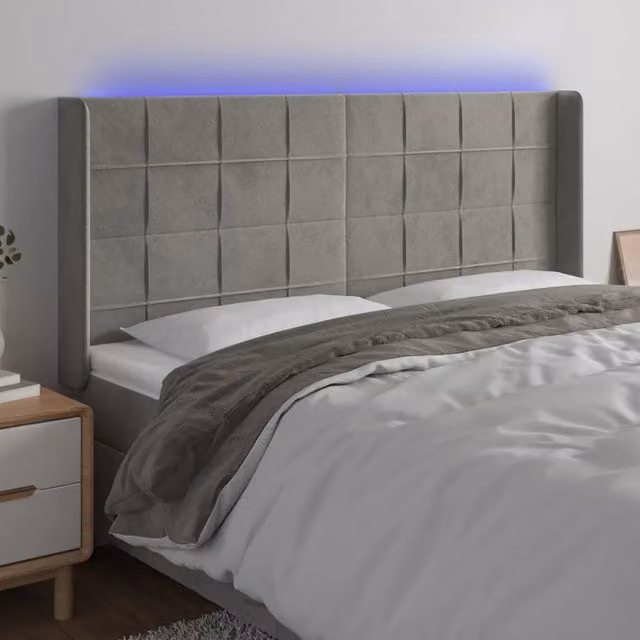 Testiera con LED Design Mania in Velluto Grigio Chiaro con Porte USB, L: 183 cm, P: 16 cm, H: 118/128 cm – 1