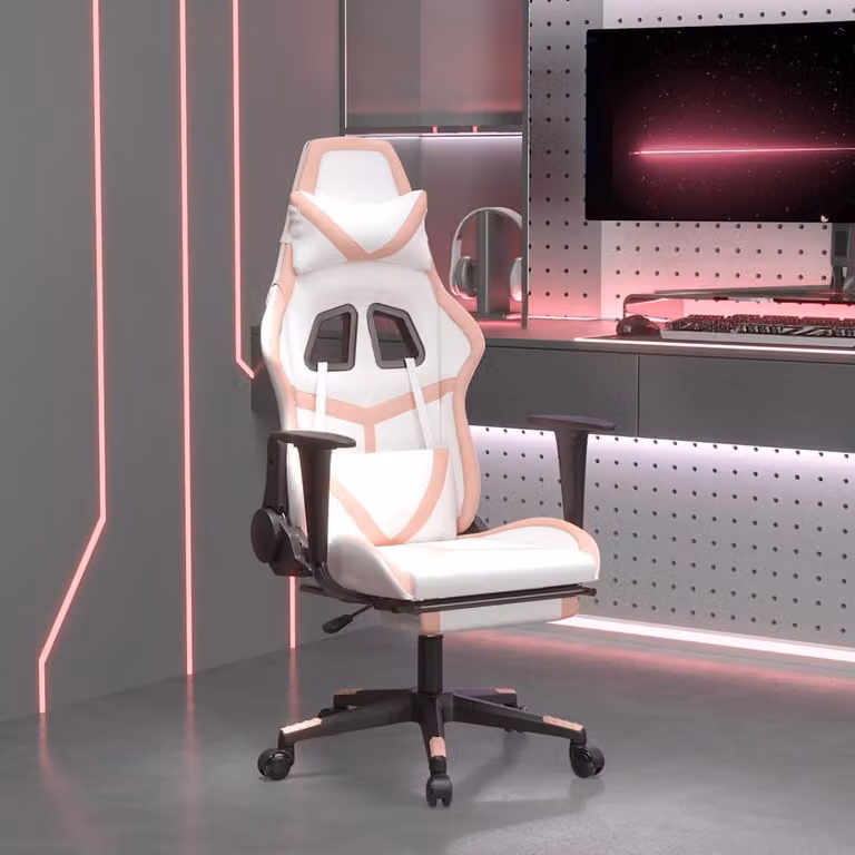 Sedia da Gaming vidaXL con Massaggio e Poggiapiedi, Bianco e Rosa in Similpelle