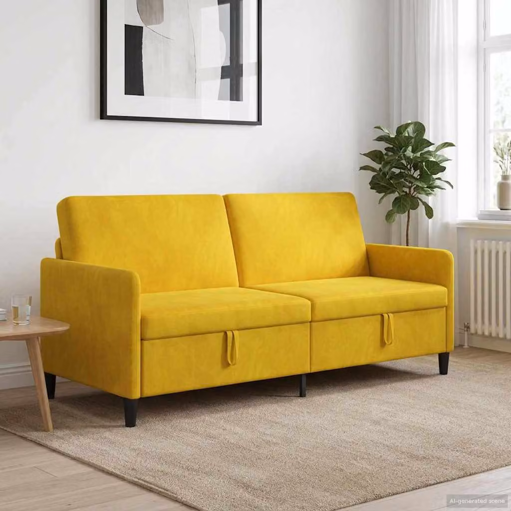 Divano moderno vidaXL con contenitore apribile, rivestimento in tessuto giallo e nero, L: 192 cm, P: 78 cm, H: 87 cm