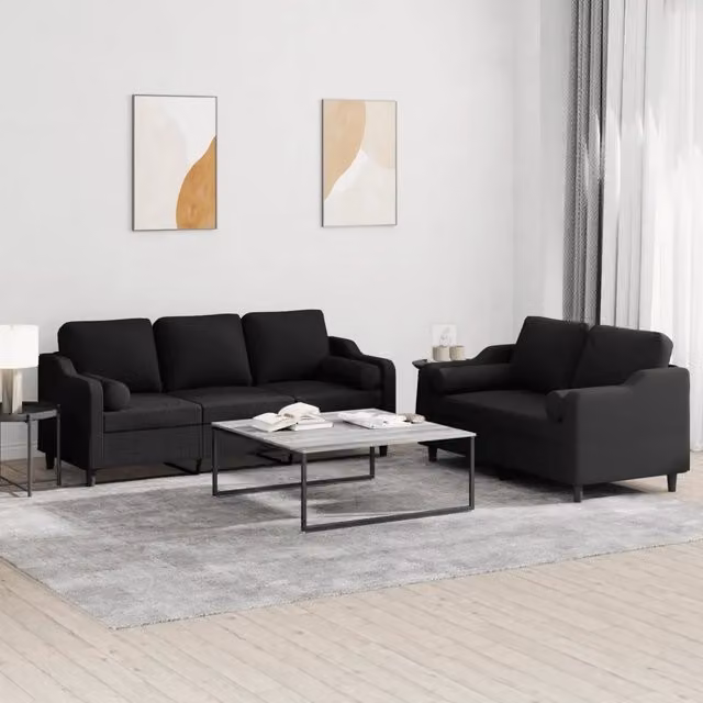 Set di 2 divani moderni vidaXL in tessuto nero con cuscini per soggiorno L 198 x P 80 x H 77 cm